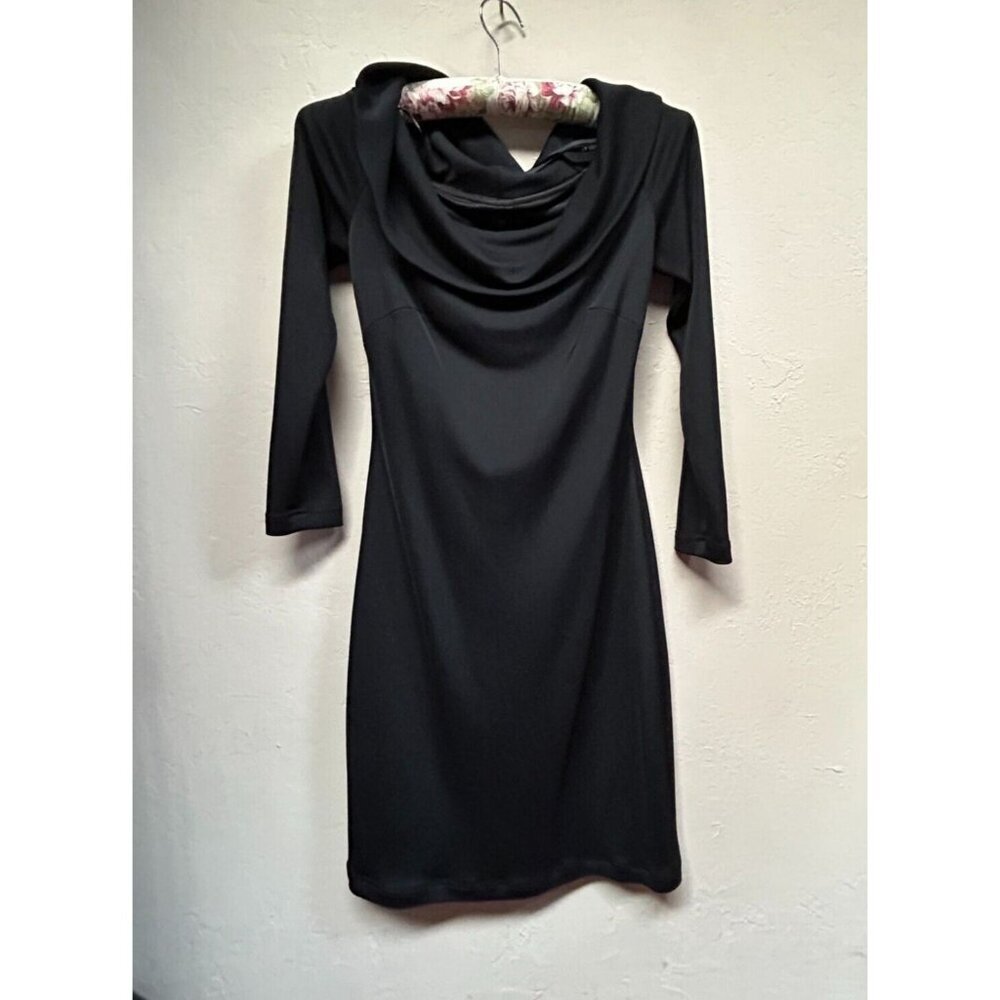 Tadashi Womens Medium Black Cowl Neck Mini Sheath Evening Dress Stretch Lined